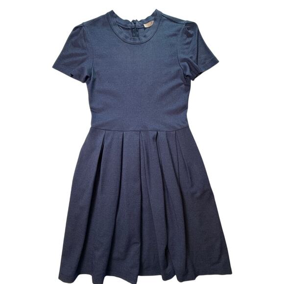 Hutch Anthropologie Navy Ponte Fit & Flare Dress Short Sleeve Pleated Skirt Sz 4 - Picture 1 of 11